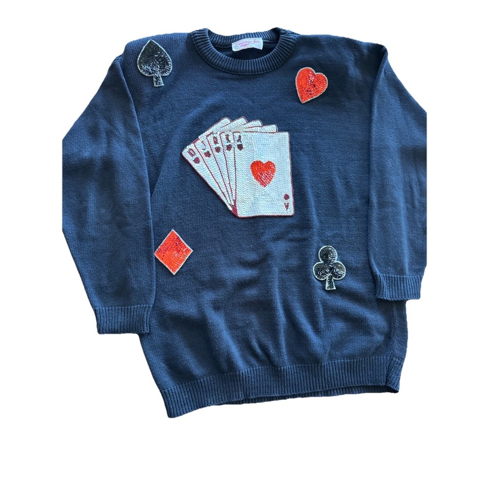Vintage Poker Sweater 80s‎ Sequin Cards Casino Large Blackjack